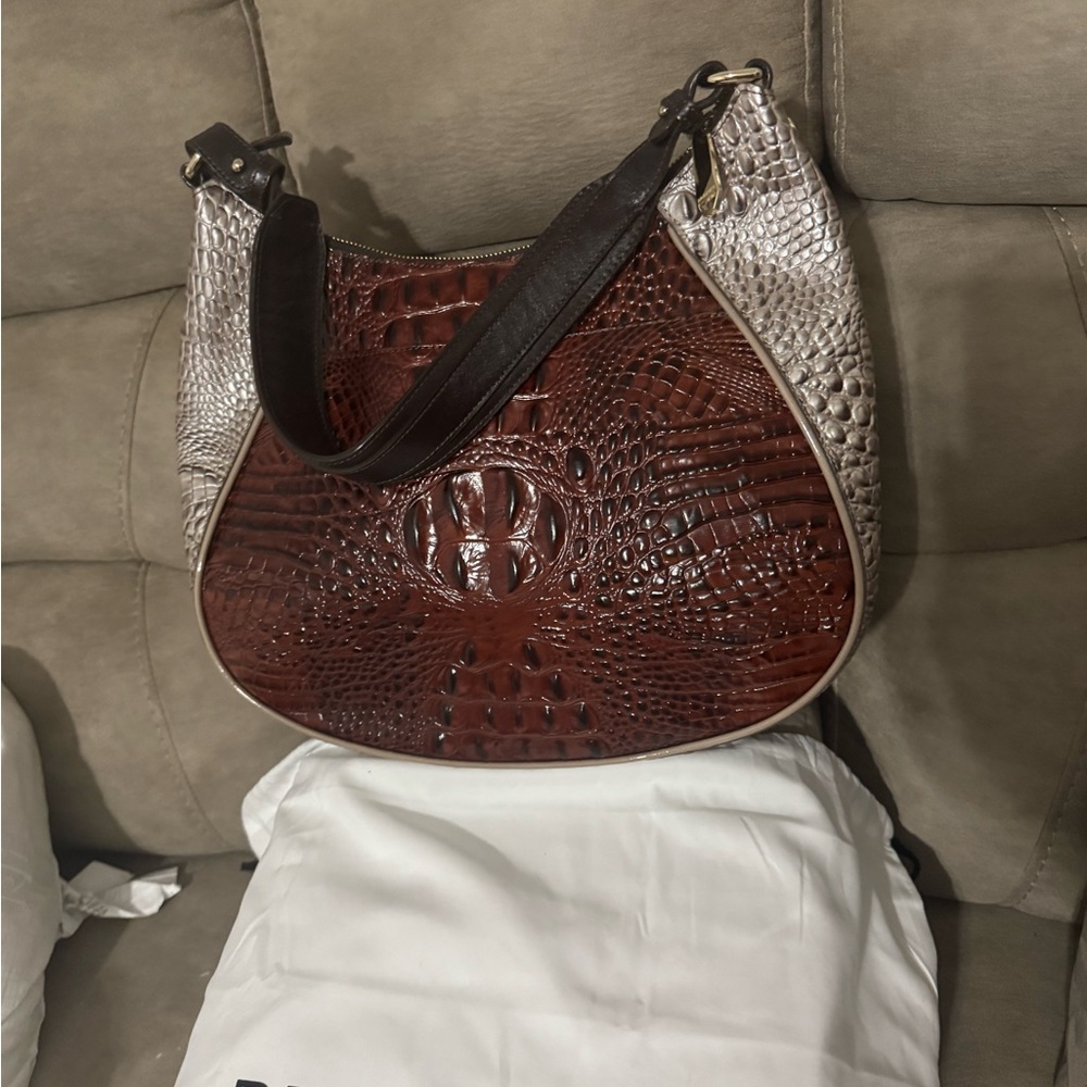 Brahmin Brown and Cream Crocodile-Embossed Hobo Bag